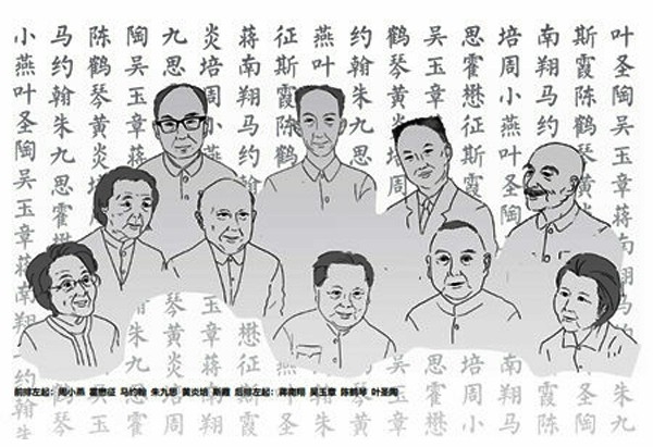 前排左起：周小燕 霍懋征 马约翰 朱九思 黄炎培 斯霞 后排左起：蒋南翔 吴玉章 陈鹤琴 叶圣陶