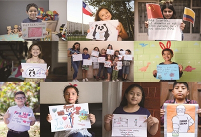 在一些国家，孩子们拿起画笔，描绘出他们对中国的支持和鼓励，送上了远方的真挚祝福